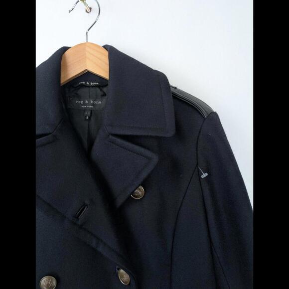 [SOLD] RAG & BONE Women's Sz US XS Black Battle Peacoat Wool Leather Trim USA - Picture 2 of 8